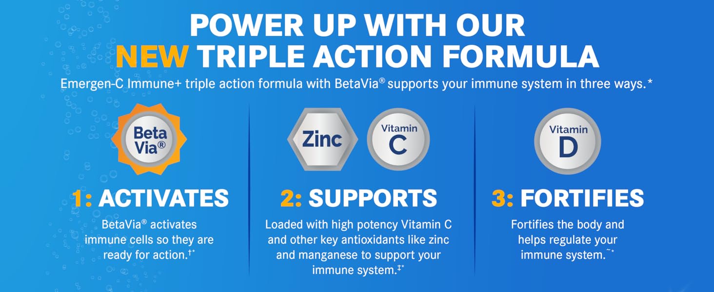 emergen-c, triple action, raspberry, beta-via, supports, fortifies, zinc, vitamin c, vitamin d
