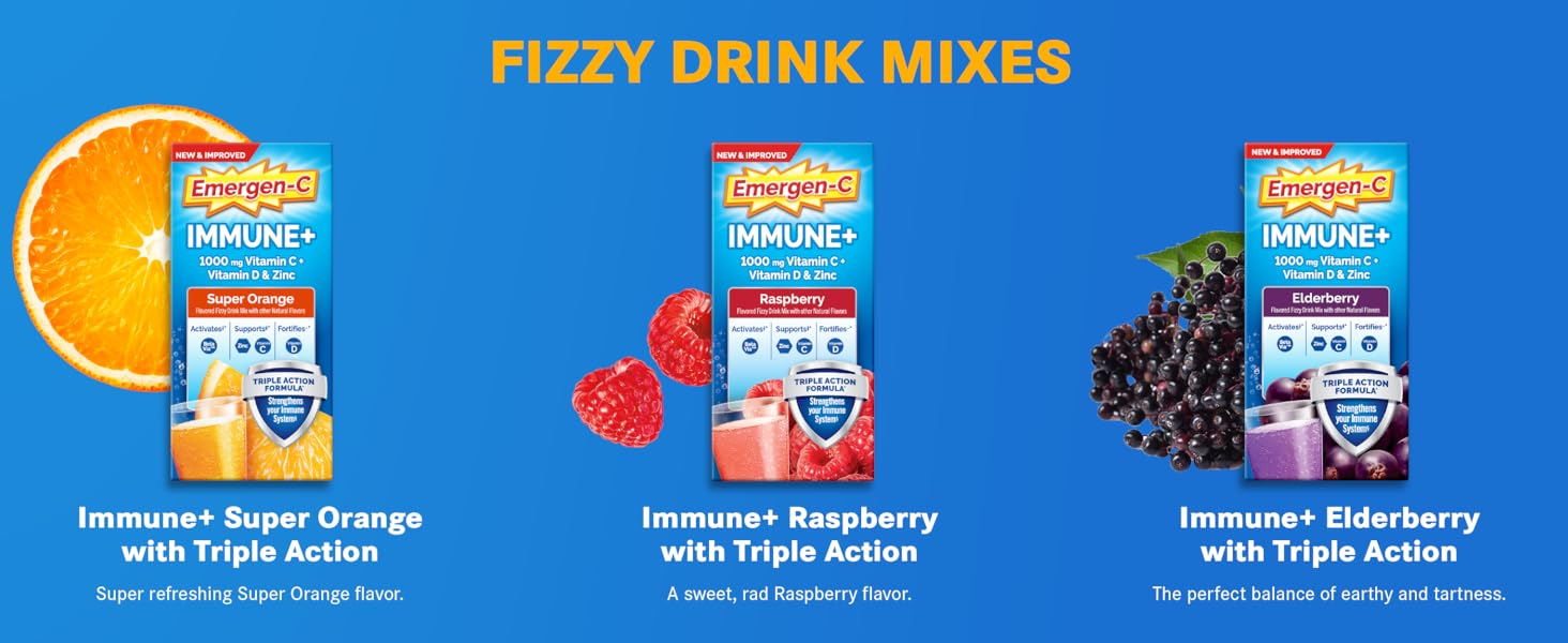 emergen-c immune+ triple action powder flavors, super orange, raspberry, elderberry