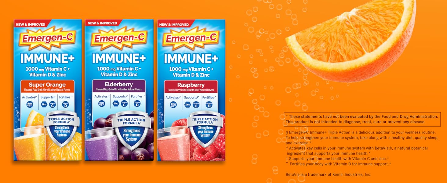 emergen-c immune+ triple action powders, super orange, raspberry, elderberry